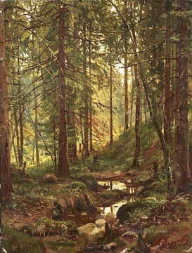 Arroyo por una ladera del bosque 1880 paisaje clásico Ivan Ivanovich árboles Pinturas al óleo